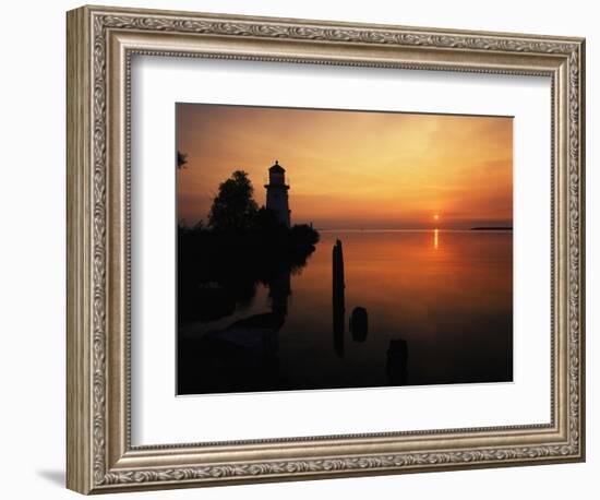 View of Sea and Lighthouse at Sunset, Cheboygan, Michigan, USA-Adam Jones-Framed Photographic Print