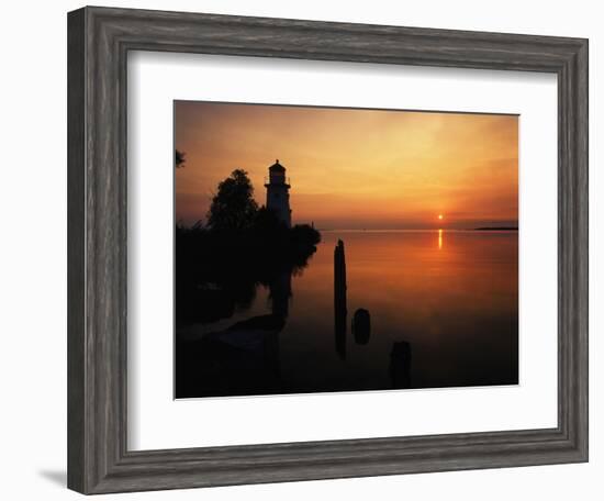 View of Sea and Lighthouse at Sunset, Cheboygan, Michigan, USA-Adam Jones-Framed Photographic Print