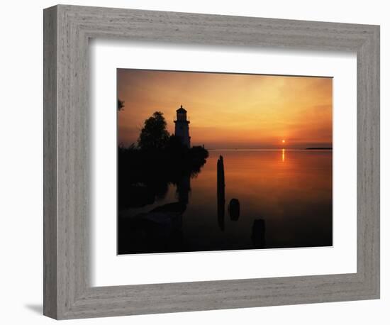 View of Sea and Lighthouse at Sunset, Cheboygan, Michigan, USA-Adam Jones-Framed Photographic Print