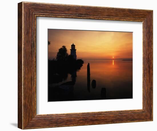 View of Sea and Lighthouse at Sunset, Cheboygan, Michigan, USA-Adam Jones-Framed Photographic Print