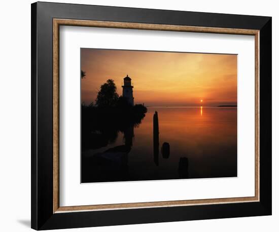 View of Sea and Lighthouse at Sunset, Cheboygan, Michigan, USA-Adam Jones-Framed Photographic Print