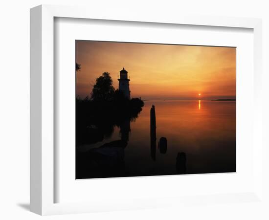 View of Sea and Lighthouse at Sunset, Cheboygan, Michigan, USA-Adam Jones-Framed Photographic Print