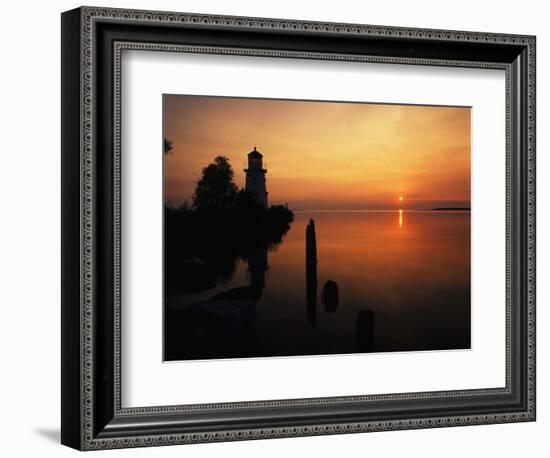 View of Sea and Lighthouse at Sunset, Cheboygan, Michigan, USA-Adam Jones-Framed Photographic Print