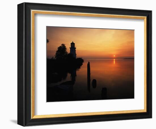 View of Sea and Lighthouse at Sunset, Cheboygan, Michigan, USA-Adam Jones-Framed Photographic Print