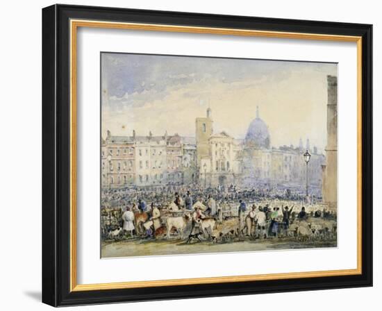 View of Smithfield Market with Figures and Animals, City of London, 1824-George Sidney Shepherd-Framed Giclee Print