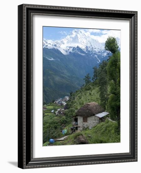 View of Southern Annapurna with Landruk Villge in Foreground, Pokhara, Annapurna Area, Nepal, Asia-Eitan Simanor-Framed Photographic Print