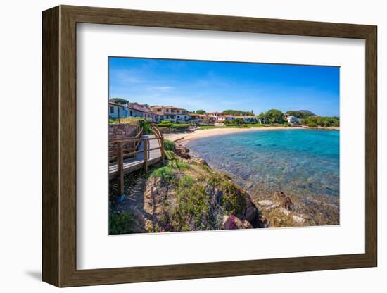 View of Spiaggia di Porto San Paolo and clear blue water, Porto San Paolo, Sardinia, Mediterranean-Frank Fell-Framed Photographic Print