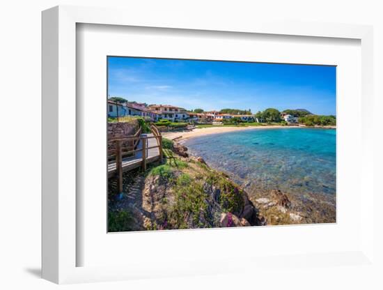 View of Spiaggia di Porto San Paolo and clear blue water, Porto San Paolo, Sardinia, Mediterranean-Frank Fell-Framed Photographic Print