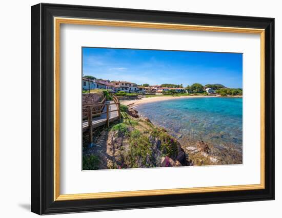 View of Spiaggia di Porto San Paolo and clear blue water, Porto San Paolo, Sardinia, Mediterranean-Frank Fell-Framed Photographic Print