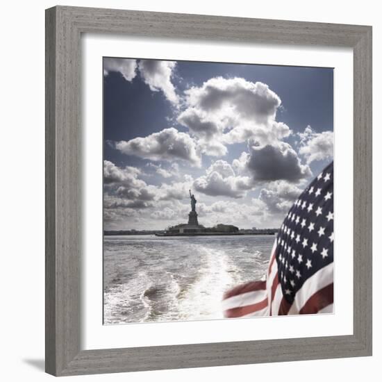 View of Statue of Liberty from Rear of Bot with Stars and Stripes Flag, New York-Purcell-Holmes-Framed Photographic Print