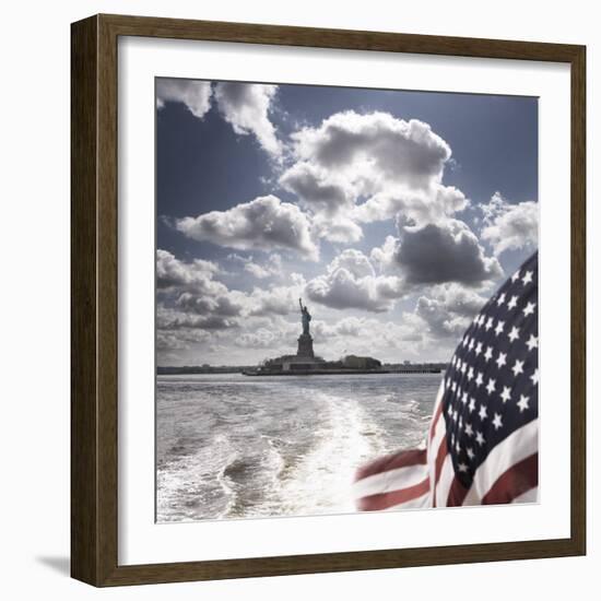 View of Statue of Liberty from Rear of Bot with Stars and Stripes Flag, New York-Purcell-Holmes-Framed Photographic Print