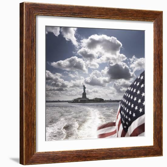 View of Statue of Liberty from Rear of Bot with Stars and Stripes Flag, New York-Purcell-Holmes-Framed Photographic Print