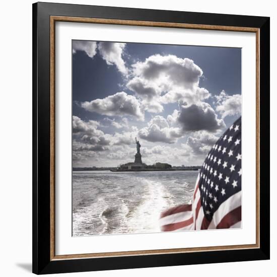 View of Statue of Liberty from Rear of Bot with Stars and Stripes Flag, New York-Purcell-Holmes-Framed Photographic Print