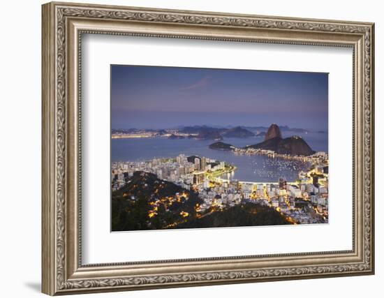 View of Sugar Loaf Mountain (Pao de Acucar) and Botafogo Bay at Dusk, Rio de Janeiro, Brazil-Ian Trower-Framed Photographic Print