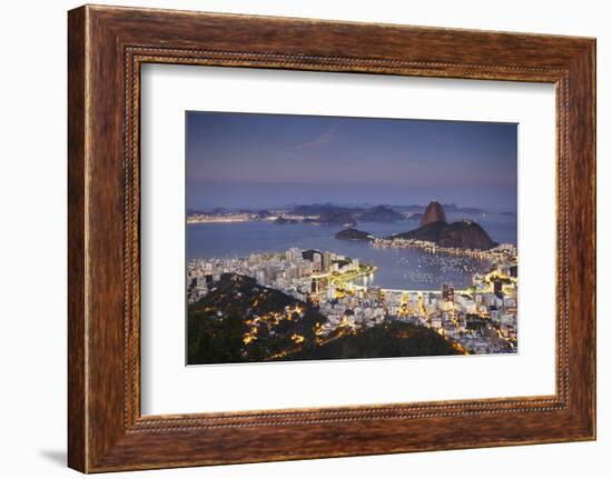 View of Sugar Loaf Mountain (Pao de Acucar) and Botafogo Bay at Dusk, Rio de Janeiro, Brazil-Ian Trower-Framed Photographic Print