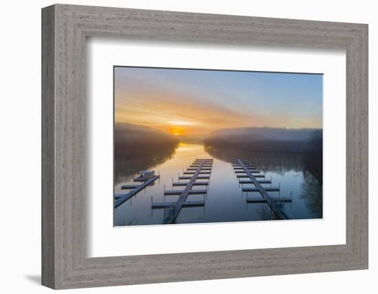 View of sunrise above boast docks, Stephen A. Forbes State Park, aerial view, Marion Co., Illino...-Panoramic Images-Framed Photographic Print