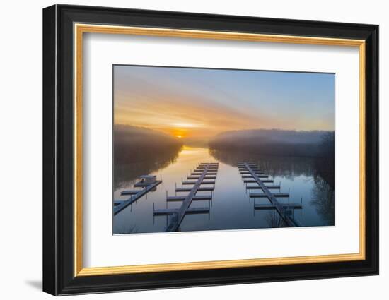 View of sunrise above boast docks, Stephen A. Forbes State Park, aerial view, Marion Co., Illino...-Panoramic Images-Framed Photographic Print