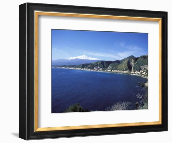 View of Taormina with Mount Etna in the Background, Giardini Naxos, Sicily, Italy, Europe-Vincenzo Lombardo-Framed Photographic Print