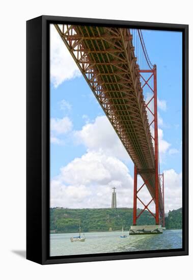 View of the 25 De Abril Bridge and Christ the King Statue from the North Bank of Tejo River-null-Framed Premier Image Canvas