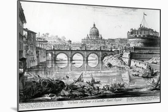 View of the Bridge and Castel Sant'Angelo, from the 'Views of Rome' Series, C.1760-Giovanni Battista Piranesi-Mounted Giclee Print