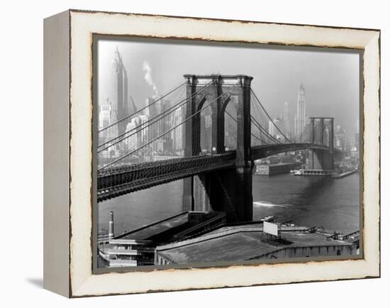 View of the Brooklyn Bridge and the Skyscrapers of Manhattan's Financial District-Andreas Feininger-Framed Premier Image Canvas