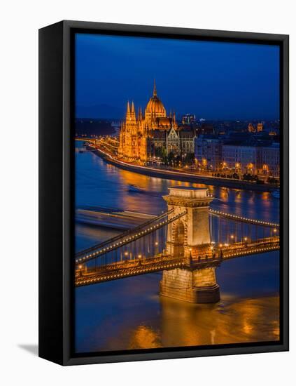 View of the Chain bridge over the River Danube, UNESCO World Heritage Site, with the Parliament in-David Rocaberti-Framed Premier Image Canvas