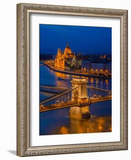 View of the Chain bridge over the River Danube, UNESCO World Heritage Site, with the Parliament in-David Rocaberti-Framed Photographic Print