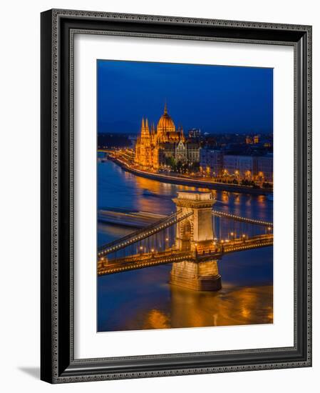 View of the Chain bridge over the River Danube, UNESCO World Heritage Site, with the Parliament in-David Rocaberti-Framed Photographic Print