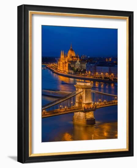 View of the Chain bridge over the River Danube, UNESCO World Heritage Site, with the Parliament in-David Rocaberti-Framed Photographic Print