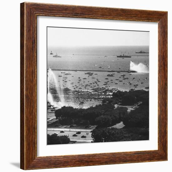 View of the Chicago Harbor, During the Arrival of Queen Elizabeth Ii and Philip-null-Framed Photographic Print