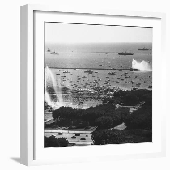 View of the Chicago Harbor, During the Arrival of Queen Elizabeth Ii and Philip-null-Framed Photographic Print