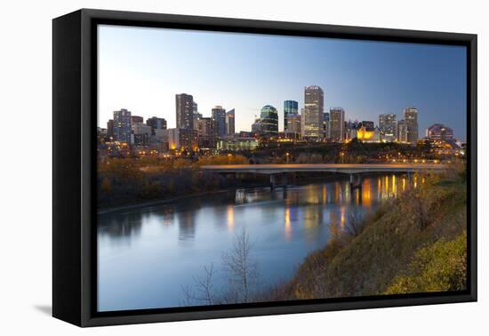 View of the Edmonton Skyline Reflected in the North Saskatchewan River, Edmonton, Alberta, Canada-Miles Ertman-Framed Premier Image Canvas