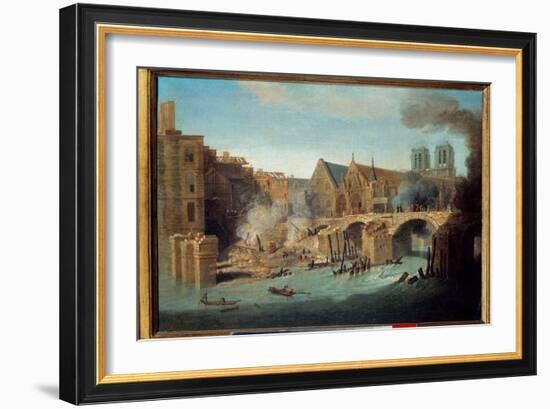 View of the Peak Pont in Paris after the Fire of 1718, 1718 (Oil on Canvas)-Jean-Baptiste Oudry-Framed Giclee Print