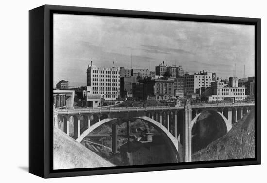 View of the Spokane Skyline - Spokane, WA-Lantern Press-Framed Stretched Canvas