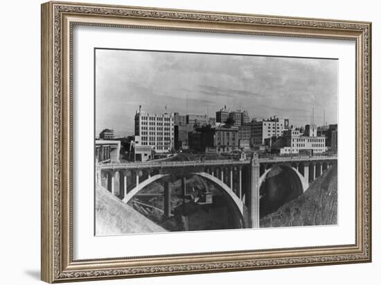 View of the Spokane Skyline - Spokane, WA-Lantern Press-Framed Art Print