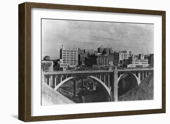 View of the Spokane Skyline - Spokane, WA-Lantern Press-Framed Art Print