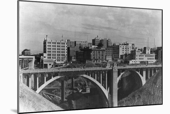 View of the Spokane Skyline - Spokane, WA-Lantern Press-Mounted Art Print