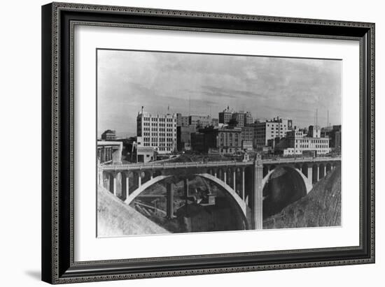 View of the Spokane Skyline - Spokane, WA-Lantern Press-Framed Art Print