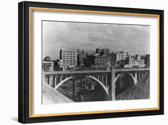 View of the Spokane Skyline - Spokane, WA-Lantern Press-Framed Art Print