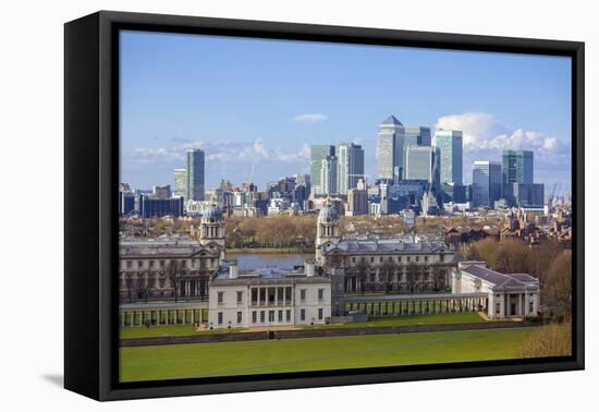 View of the The Old Royal Naval College and Canary Wharf, Taken from Greenwich Park, London-Charlie Harding-Framed Premier Image Canvas