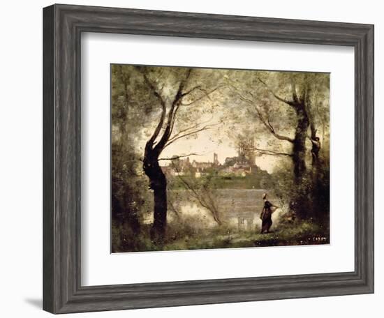 View of the Town and Cathedral of Mantes Through the Trees, Evening-Jean-Baptiste-Camille Corot-Framed Giclee Print