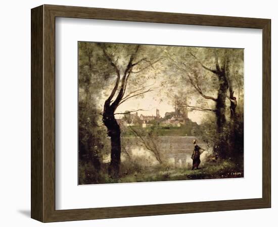 View of the Town and Cathedral of Mantes Through the Trees, Evening-Jean-Baptiste-Camille Corot-Framed Giclee Print