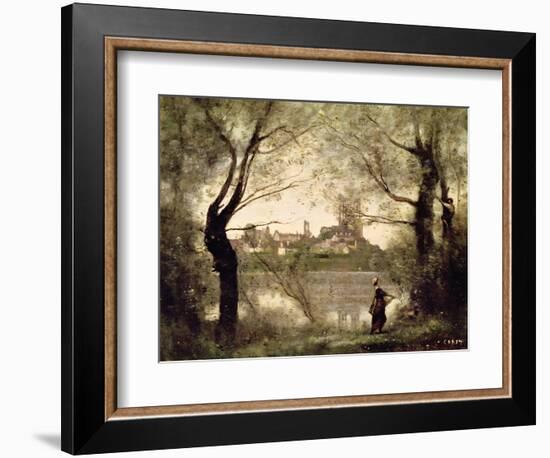 View of the Town and Cathedral of Mantes Through the Trees, Evening-Jean-Baptiste-Camille Corot-Framed Giclee Print