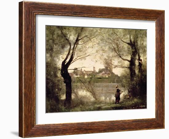 View of the Town and Cathedral of Mantes Through the Trees, Evening-Jean-Baptiste-Camille Corot-Framed Giclee Print