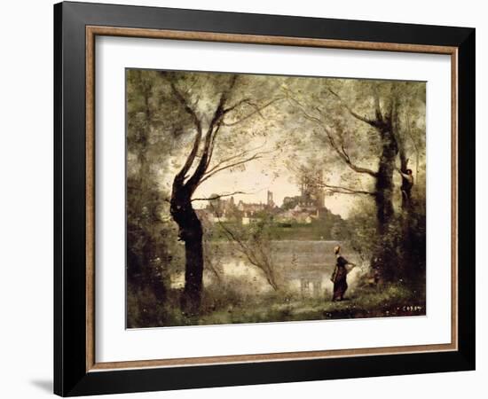 View of the Town and Cathedral of Mantes Through the Trees, Evening-Jean-Baptiste-Camille Corot-Framed Giclee Print