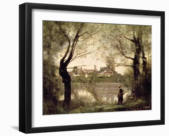 View of the Town and Cathedral of Mantes Through the Trees, Evening-Jean-Baptiste-Camille Corot-Framed Giclee Print