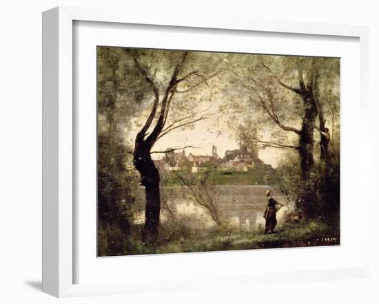 View of the Town and Cathedral of Mantes Through the Trees, Evening-Jean-Baptiste-Camille Corot-Framed Giclee Print