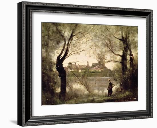 View of the Town and Cathedral of Mantes Through the Trees, Evening-Jean-Baptiste-Camille Corot-Framed Giclee Print