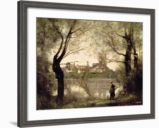 View of the Town and Cathedral of Mantes Through the Trees, Evening-Jean-Baptiste-Camille Corot-Framed Premium Giclee Print