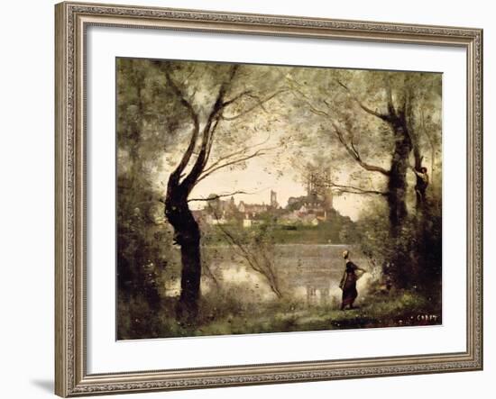 View of the Town and Cathedral of Mantes Through the Trees, Evening-Jean-Baptiste-Camille Corot-Framed Premium Giclee Print